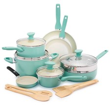 GreenPan Rio 16pc Ceramic Nonstick Cookware Set Turquoise: Pans & Pot Set