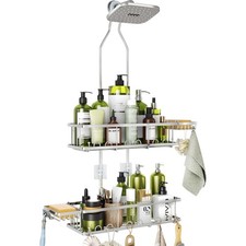 Skyapex Adjustable Shower Caddy - Rustproof, 2 Shelves, Hooks, 2 Soap Holders
