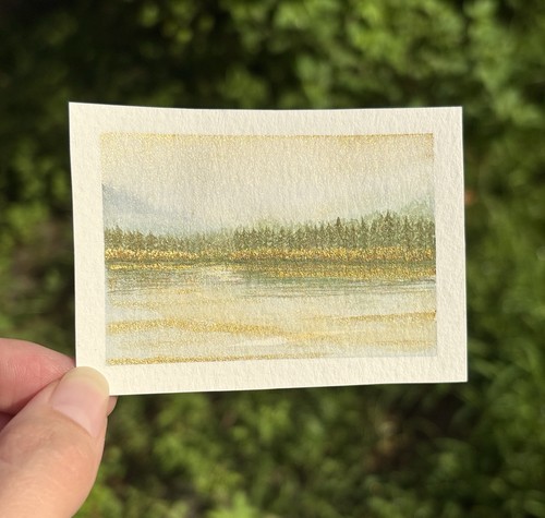 Original Watercolor Landscape Painting Gold Shimmer “Tranquil Pines” OOAK ACEO
