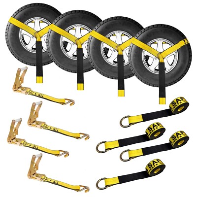 USA 4 Pack 2'' x 10' Side Mount Wheel Net Tie Down Kit w/Wire J Hook Auto Hauler