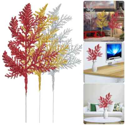 10X Pine Needles Fake Floral Christmas Glitter Fern Leaf Branch Decor Artificial