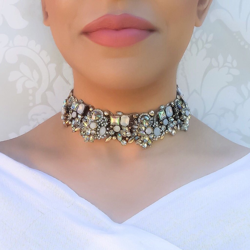 AYVA White Gold Luxury Rhinestone Women's Choker Necklace UK