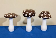 Set of 3 Hand Turned and Painted Whimsical Spotted Tall Brown Mushroom Decor
