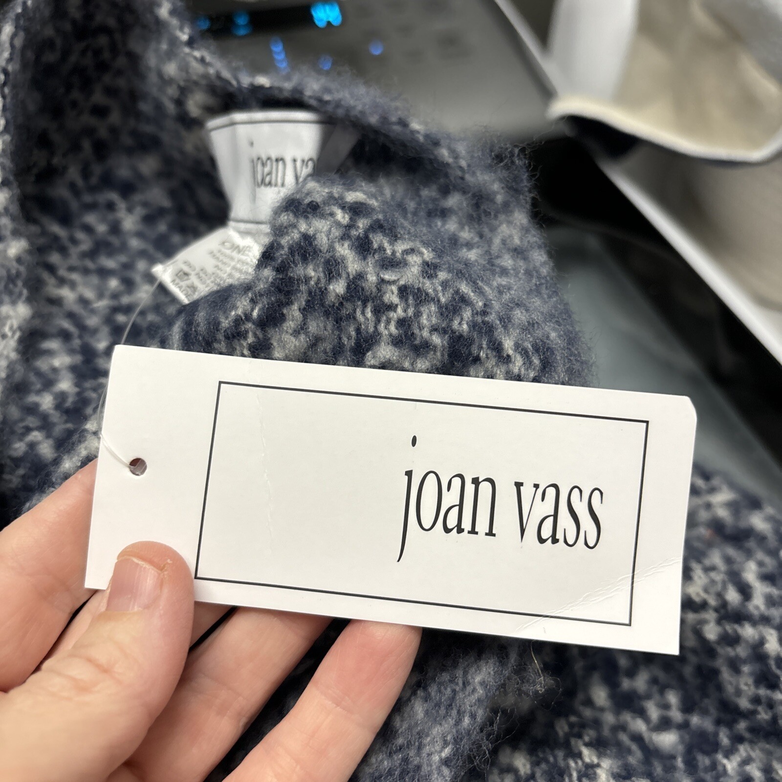 NWT Joan Vass Women's OS Cape Shawl Blue Cream Soft