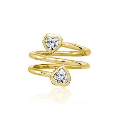 Heart Two Stone Cubic Zirconia Spiral Gold Plated 925 Silver Statement Ring Sz 5