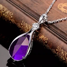 925 Sterling Silver Womens 18" Elegant Amethyst Gemstone Pendant Necklace D348
