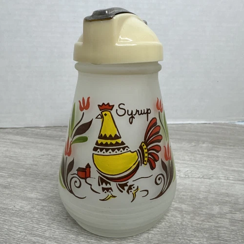 Vintage Frosted Glass Waffle Syrup Dispenser Hand Painted RoosterFederal