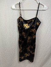 Women's Full Slip Black/Gold Floral Adjustable Straps Size M Style D4231