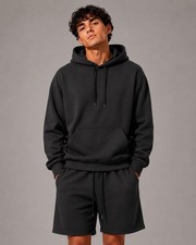 Men s Black Fleece Hoodie Shorts Set Heavyweight Tracksuit Lounge Co-Ord Set