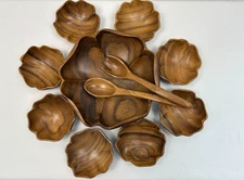 Vintage Philippines Wood Salad Bowl 11 Piece Set Scallop Shaped