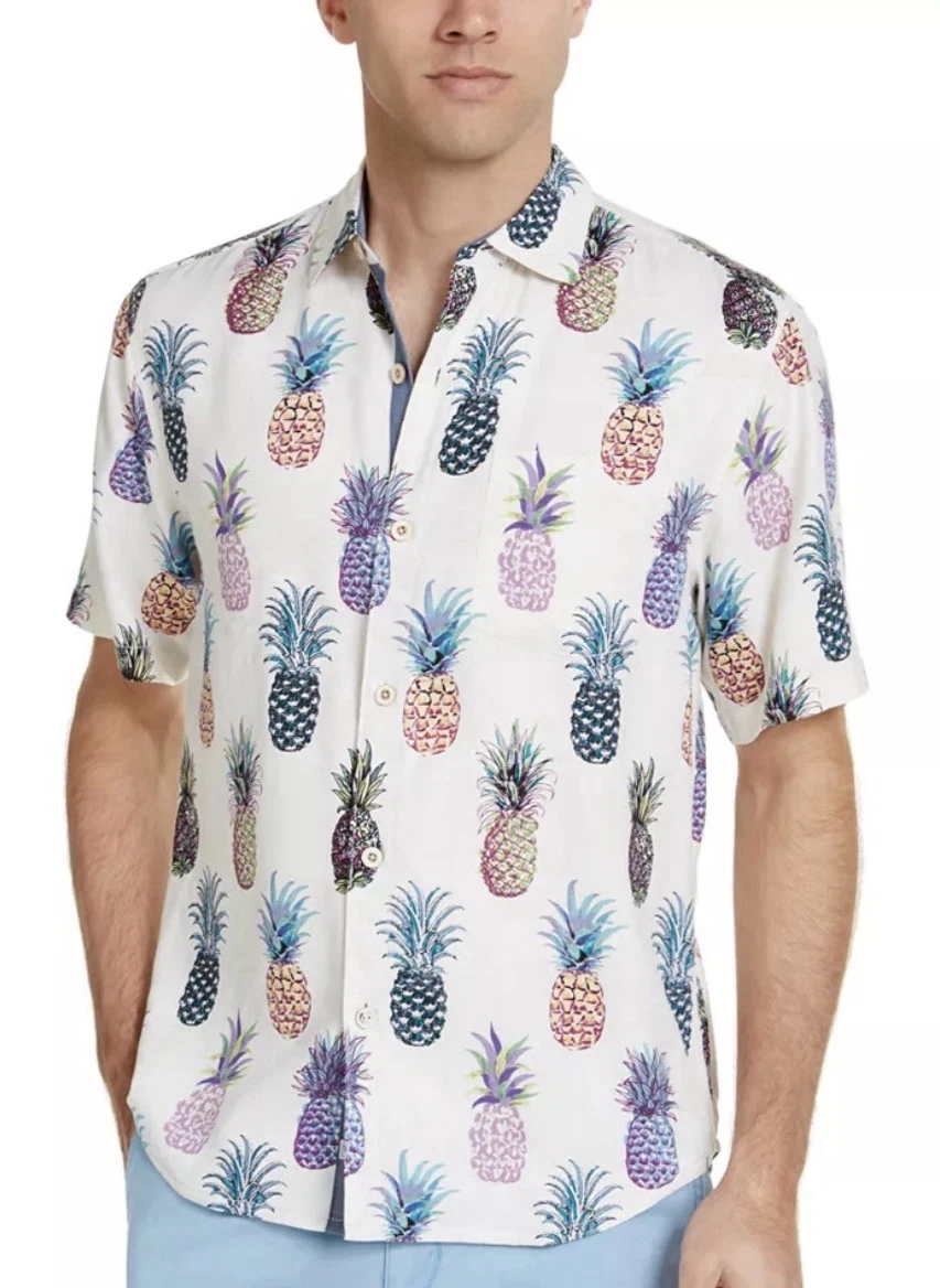 TOMMY BAHAMA Mens XL Camp Shirt Hawaiian 100% Silk PINEAPPLE PRINT Tropical