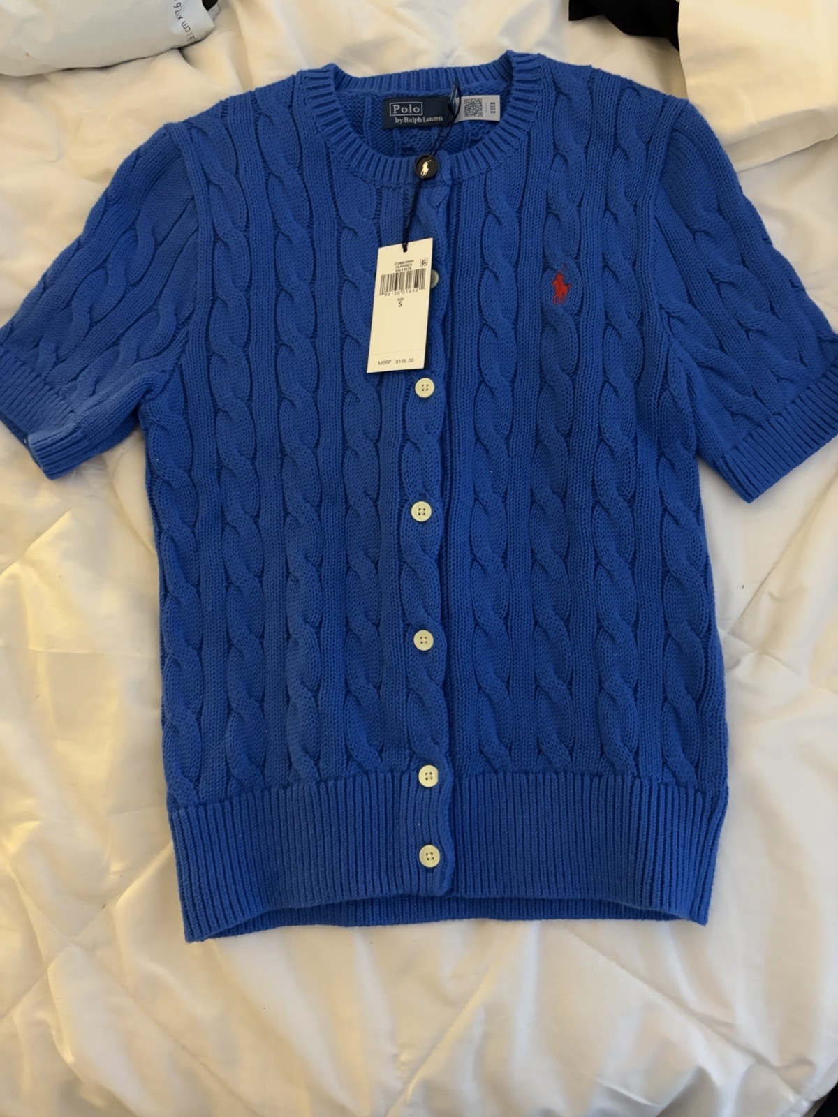 NWT Polo Ralph Lauren Women’s Crewneck Cable-Knit Short-Sleeve Cardigan Blue S