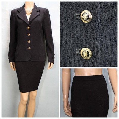 ST. JOHN Basics Knits Black Jacket Skirt L 10 8 2pc Suit Logo Buttons Classic