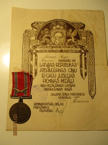 LATVIA MEDAL LIBERATION WAR 1918- 1928 WITH DOCUMENT TO ESTONIAN SOLDIER