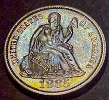 1885 Seated Liberty Silver Dime 10c High Grade UNC Rainbow Toned