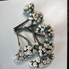 Vintage Premium Mini Silk White Rose Buds Flowers Bouquet Green Stems