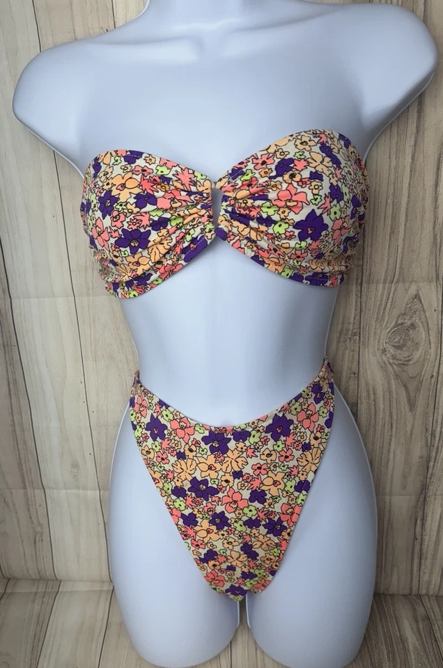 复古葡萄干花卉比基尼大号 9 - 11 美国制造 90 年代头巾高切无肩带 — 第 4/4 张图片