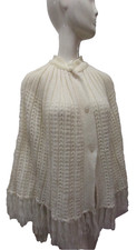 70s White Sweater Fringe Poncho Acrylic Plastic Buttons Vintage Bohemian Hippy