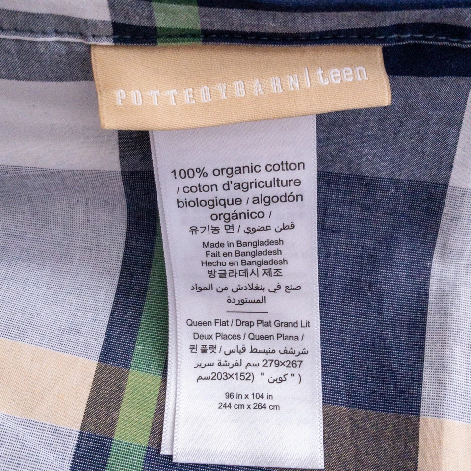 Sábana plana Pottery Barn Teen Queen SOLO cabina a cuadros 100 % algodón orgánico 96"x104" Foto 2 de 4