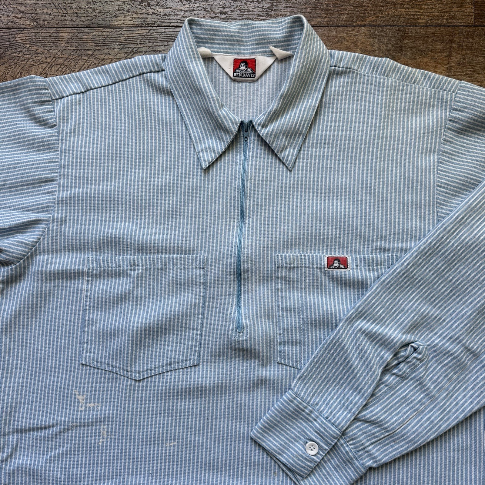 Vintage 70s/80s Mens M Baby Blue Ben Davis Hickory Stripe Longsleeve Worn Shirt