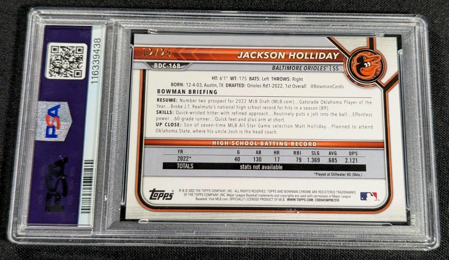 PSA 8 SSP RC /25 JACKSON HOLLIDAY 1ST ORANGE REFRACTOR ROOKIE 2022 Bowman Chrome view 4