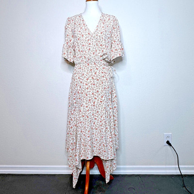 CALISTA Wrap Bitty Floral Midi Dress LARGE Short Ruffle Sleeves Cottage Core