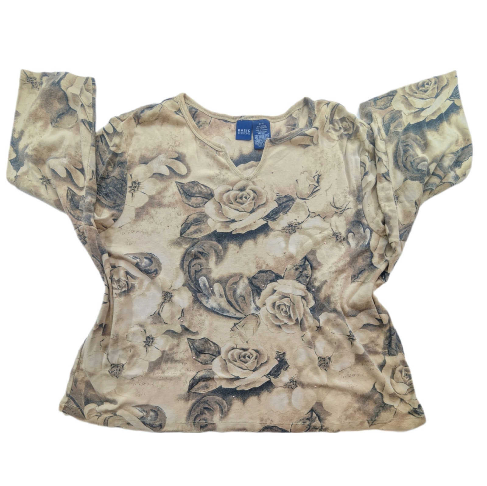 Basic Edition Blouse Plus Size 3X Beige Floral Ro… - image 1