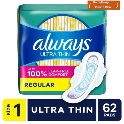 Always Ultra Thin Pads with Wings, Size 1, 62 Count,Regular