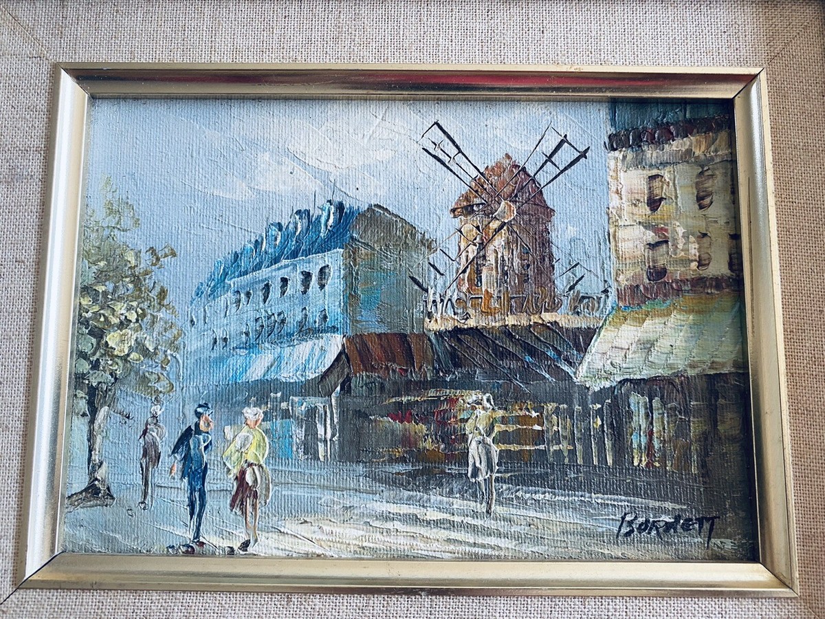 10” x 8” Antique Oil Painting Windmill BURNETT Moulin Rouge Paris