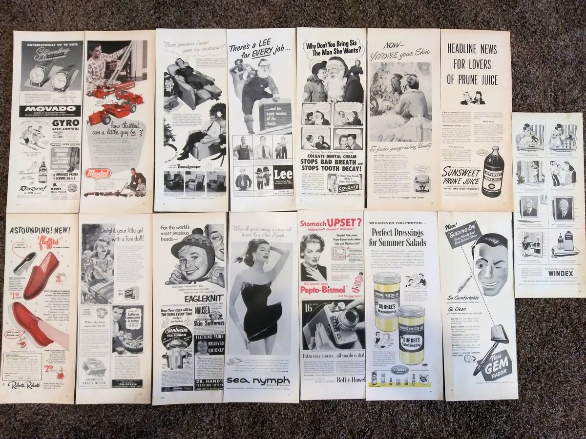 Vintage print ads. Life magazine in 1950's 15 half page lot