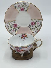 Vintage Queen Anne Footed Cup  & Saucer Bone China England Pink Roses Gold Trim