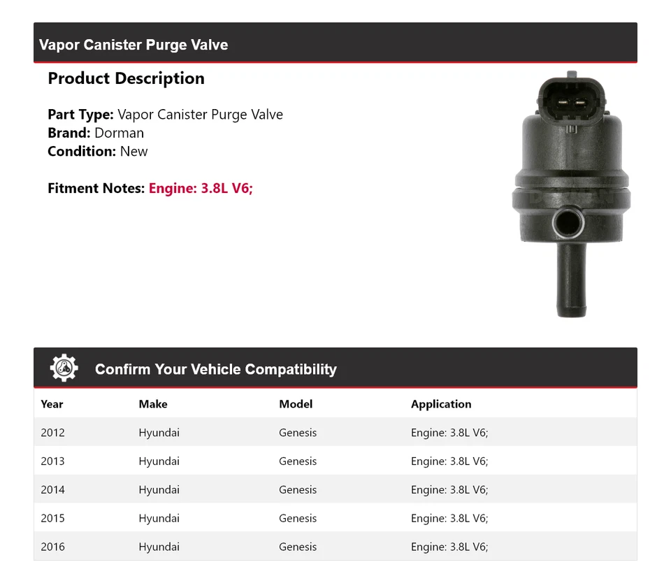 Válvula de purga de bote de vapor Dorman 2013 para Hyundai Genesis 2012-2016 3,8 L V6 Foto 2 de 4