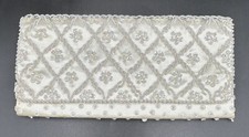 Vtg Handmade Beaded Satin Clutch Hong Kong Fold-Over Purse White Sequins 9 x 4.5