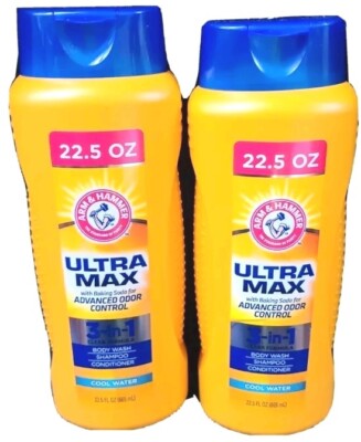2 Arm & Hammer 3 in 1 Body Wash Shampoo Conditioner Ultra Max Cool Water 22.5oz