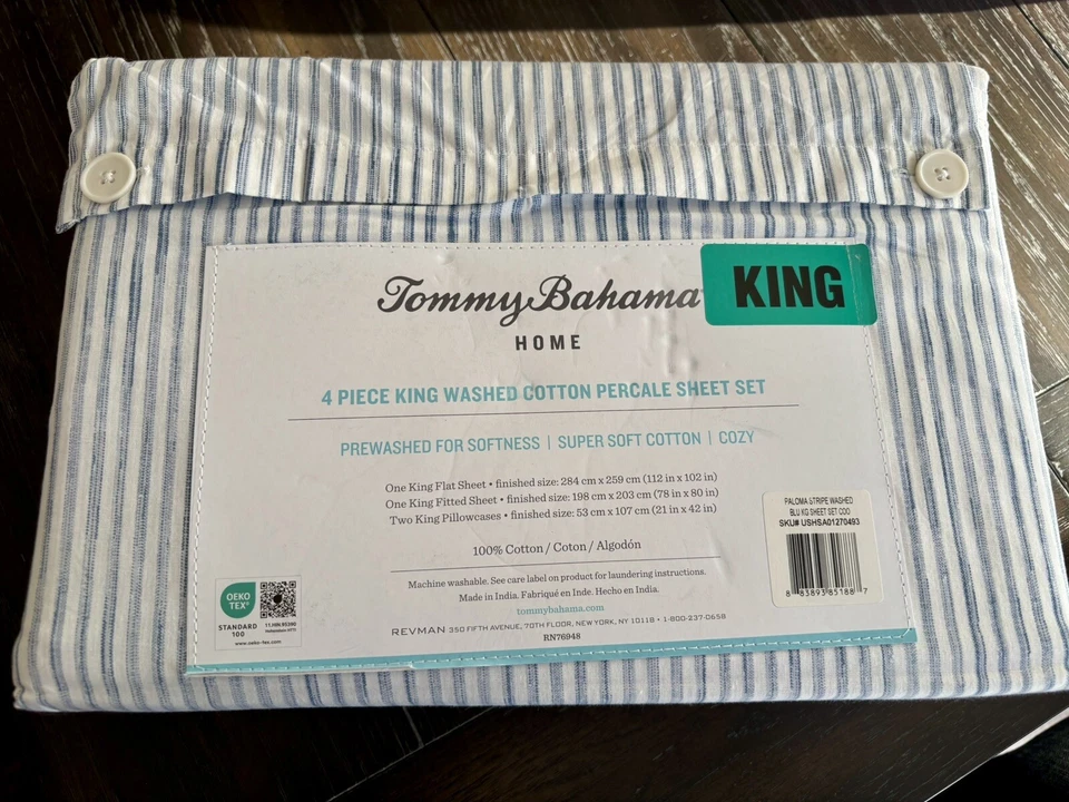 Tommy Bahama KING 床单套装水洗 100% 棉 Percale 蓝色白色条纹 4 件 全新 — 第 4/4 张图片