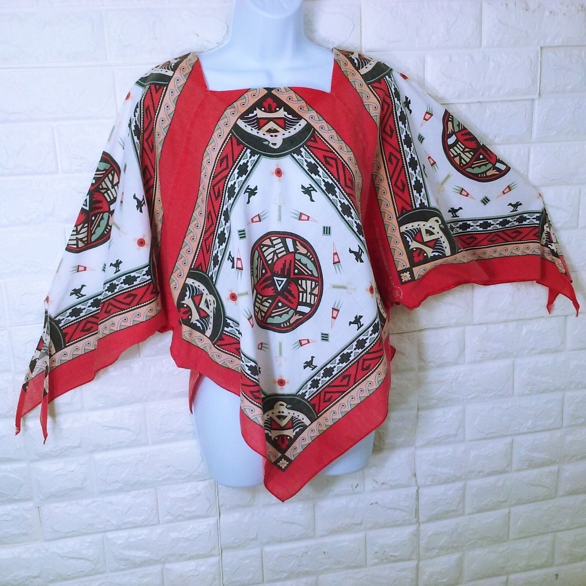 デッドストック AMERICAN RETRO「AZTEC PONCHO 」　  *クリックポスト配送対象商品 Vintage 70s-80s Hav-A-Hank Aztec Bandana Top Blouse S/M