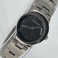 Nine West Women's Watch Round Black Dial Silver Tone Band NEW BATTERY RUNS!