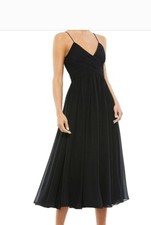 IEENA for Mac Duggal Dress L Black Faux Wrap Ruched Gown Designer Dark Glamour