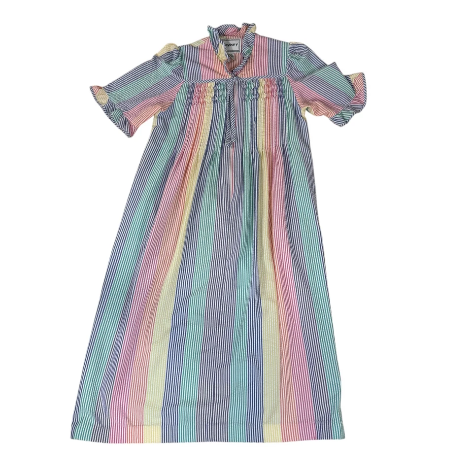 Saybury Nightgown Housecoat Robe Size 8 Rainbow Striped Seersucker 1/2 Zip Vtg - Image 3 of 4