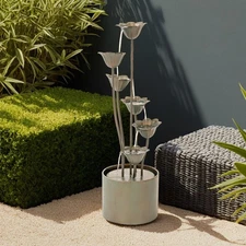 Sculptural Freestanding Metal Multi-Tiered Water Fountain w/Flowers, No LED L...