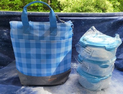 LocknLock Insulated Tote w/3 Storage Set Blue Gingham Bag Blue Covered Bowls New