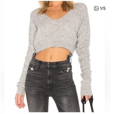 Lovers + Friends Highland Mohair Blend Cropped V Neck Sweater Long Sleeve Gray M