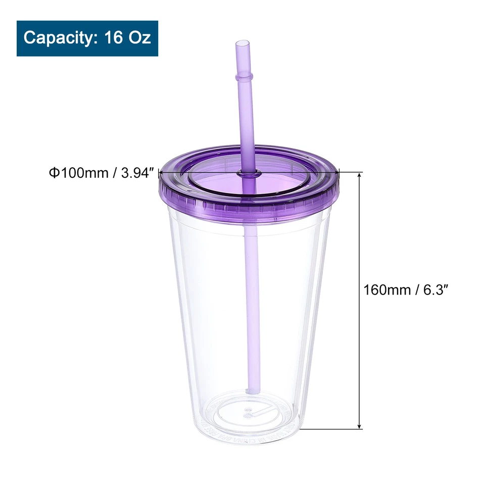 Vaso Acrílico con Tapa y Pajita 16Oz Doble Pared Transparente Vasos Púrpura Foto 2 de 4