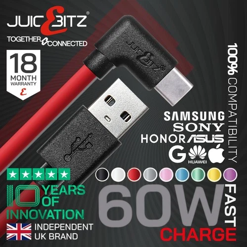 JuicEBitz® Angled USB C Type C 3A Fast Charging Charger Cable Phone Lead 20AWG