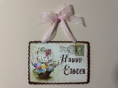 Happy Easter Metal Wall Plaque Postcard Basket with Painted Eggs 8x5.5 in