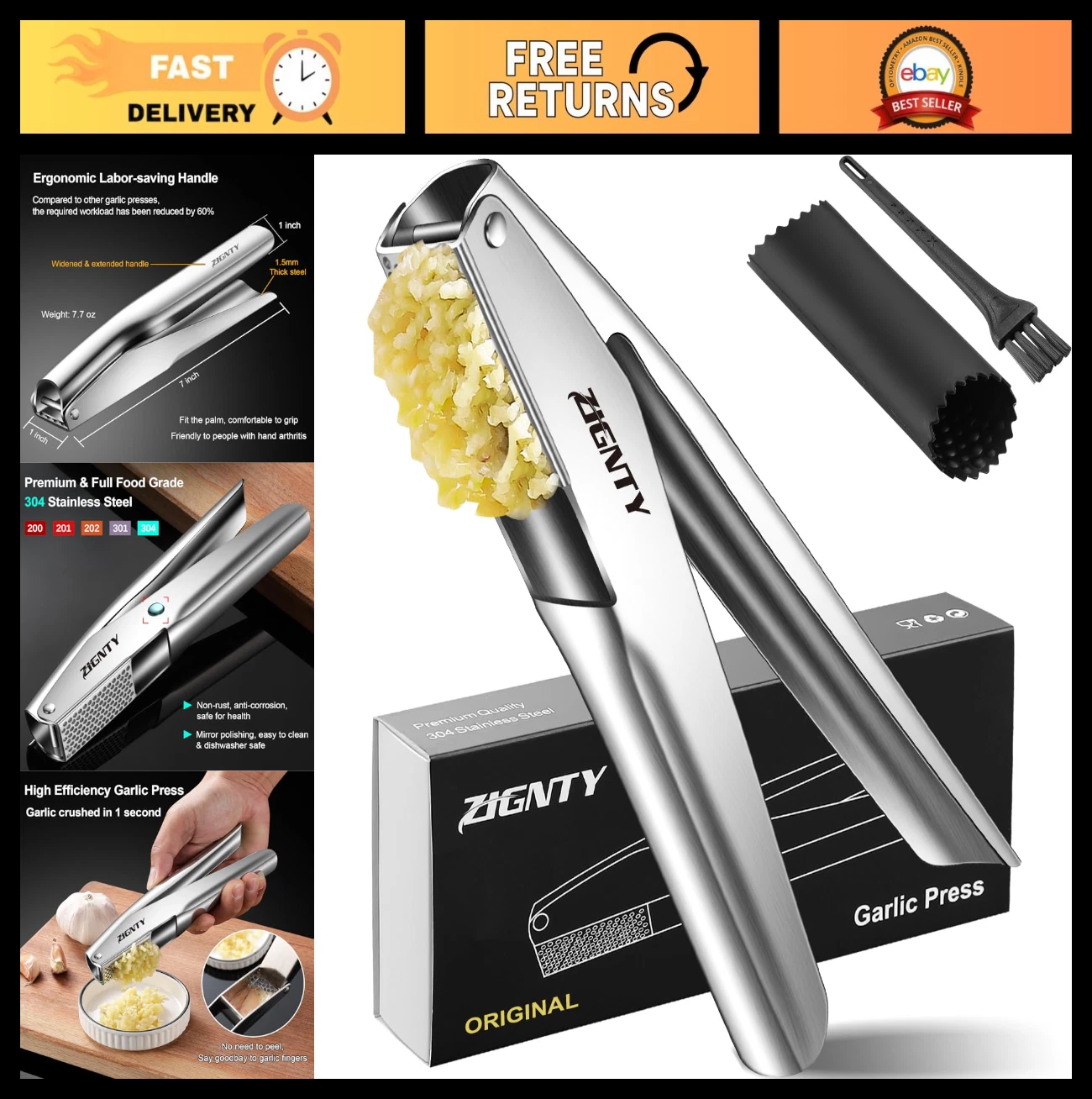 Stainless Steel Garlic Press & Mincer Tool - Easy Squeeze, No Peel, Ergonomic Ha