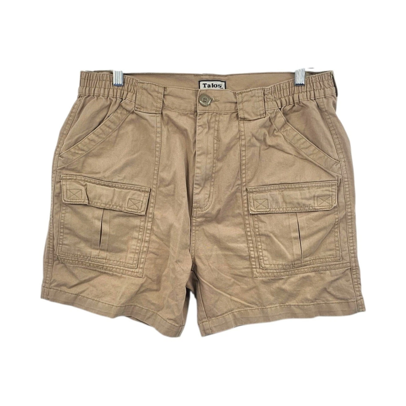 Talos Men's Cargo Shorts Size 36 Khaki Tan 100% Cotton Elastic Waist Hiking