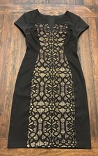 Women's Sleeveless LBD Black Dress Sheath Knee Length Size 4 With Tan Lace