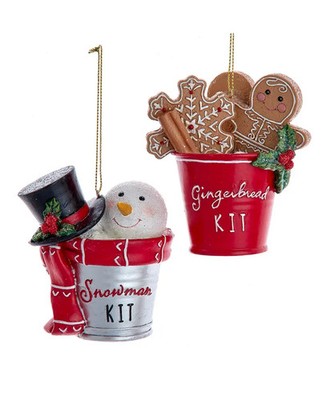 Holly Christmas Snowman and Gingerbread In Pail Ornament SetK E0853