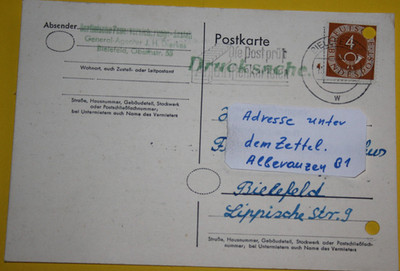 Postkarte DBP MI: 124 Befördert von Bielefeld/Bielefeld am 15.1.1953 (11.556)
